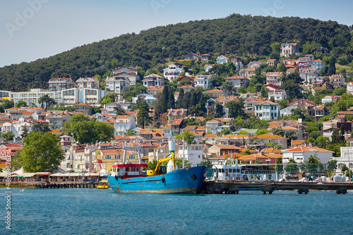 Fototapeta Naklejka Na Ścianę i Meble -  The blue fishing boat is at the pier on the island. Sea, white houses on the slopes of the island. Travel to Heybeliada, Adalar, Prince Islands, Istanbul, Turkey