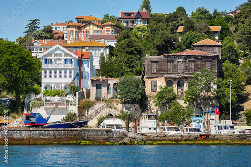 View of a island in the Sea of Marmara, embankment and white houses. Travel to Heybeliada, Adalar, Prince Islands, Istanbul, Turkey