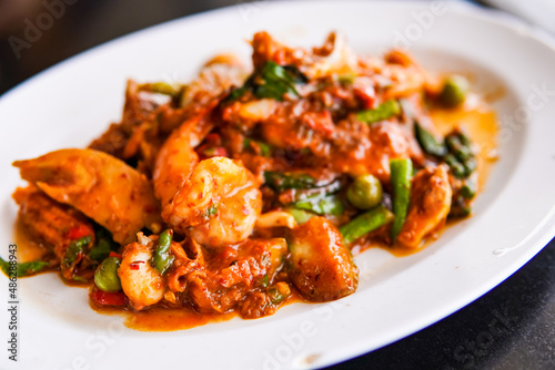 Close up of Thai food Stir-fried Prawns with Chili