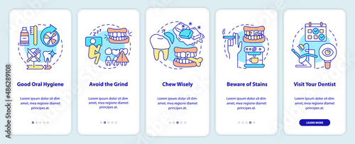 Taking care of veneers onboarding mobile app screen. Good oral hygiene walkthrough 5 steps graphic instructions pages with linear concepts. UI, UX, GUI template. Myriad Pro-Bold, Regular fonts used