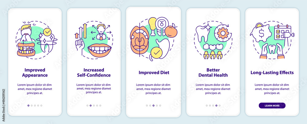 Cosmetic dentistry benefits onboarding mobile app screen. Improved diet walkthrough 5 steps graphic instructions pages with linear concepts. UI, UX, GUI template. Myriad Pro-Bold, Regular fonts used
