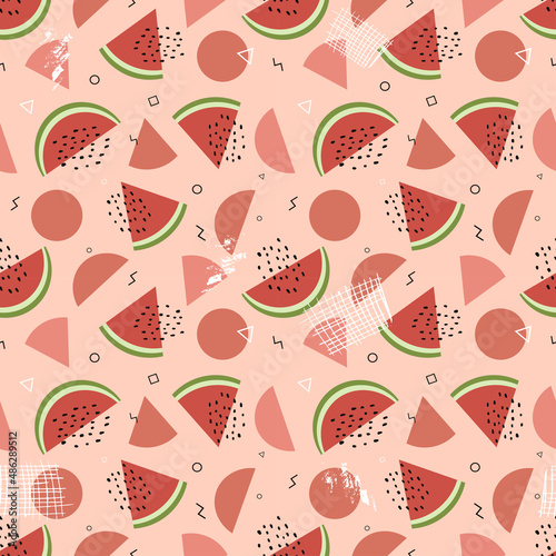 Watermelon seamless pattern. Berries and geometric elements in a modern style. Vector illustration