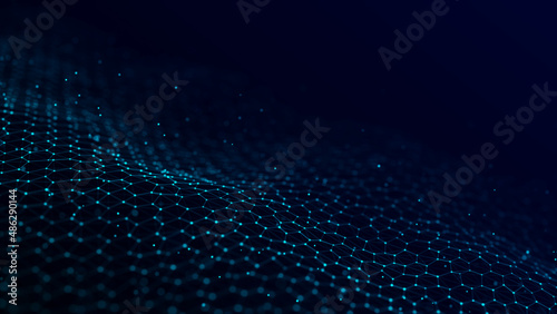 Futuristic blue hexagon dynamic wave. Futuristic honeycomb concept. Digital technology webflow. Big data visualization. 3D rendering. © Vitalii