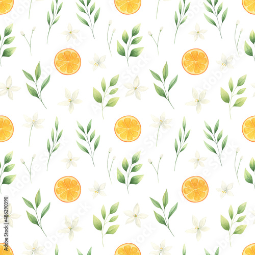 Orange watercolor citrus seamless pattern isolated on white background. Perfect for fabric, print, covers. Summer citrus digital paper.
