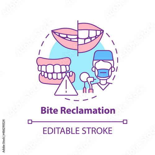 Bite reclamation concept icon. Aesthetic dentistry operation abstract idea thin line illustration. Bite adjustment. Isolated outline drawing. Editable stroke. Arial, Myriad Pro-Bold fonts used