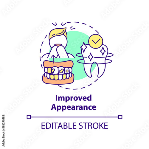 Improved appearance concept icon. Cosmetic dentistry benefit abstract idea thin line illustration. Regular dentist visits. Isolated outline drawing. Editable stroke. Arial, Myriad Pro-Bold fonts used
