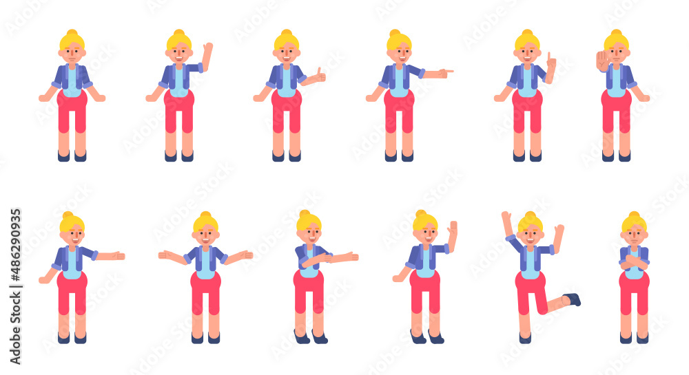 Set of blonde woman showing various hand gestures. Cute lady pointing, showing thumb up, victory and other gestures. Modern vector illustration