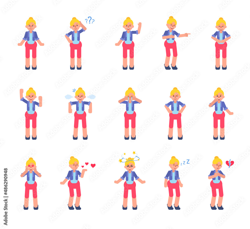 Set of blonde woman showing various emotions. Cute lady thinking, laughing, crying, sad, tired, in love and showing other expressions. Modern vector illustration Set of blonde woman showing various emotions. Cute lady thinking, laughing, crying, sad, tired, in love and showing other expressions. Modern vector illustration