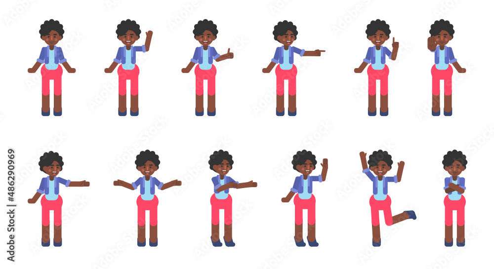 Set of black woman showing various hand gestures. Cute lady pointing, showing thumb up, victory and other gestures. Modern vector illustration