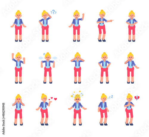 Set of blonde woman showing various emotions. Cute lady thinking, laughing, crying, sad, tired, in love and showing other expressions. Modern vector illustration