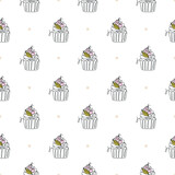Seamless pattern with line art style cupcake. Vector texture in gentle colors. Cute illustration for menu, paper, fabric, textile, wrapping, scrapbook paper.