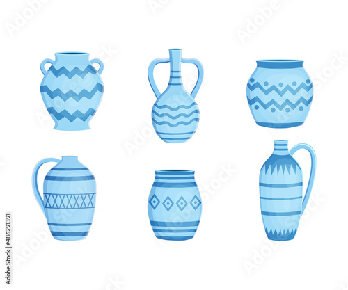 Set with different blue earthenware ceramic pottery with ornament vector illustration in a cartoon flat style isolated on white background.