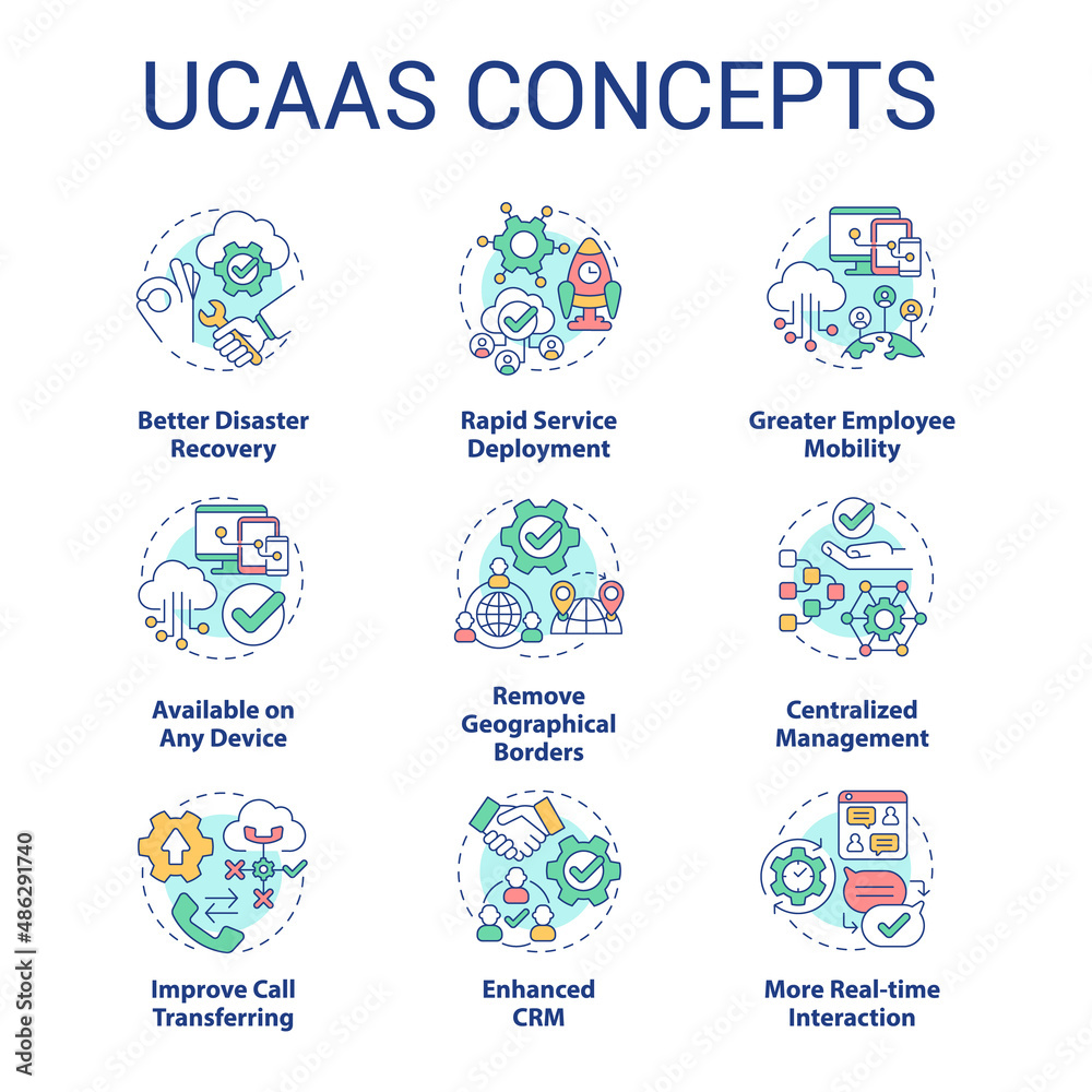 UCaaS concept icons set. Cloud delivered unified communications model. Customer service idea thin line color illustrations. Isolated symbols. Roboto-Medium, Myriad Pro-Bold fonts used