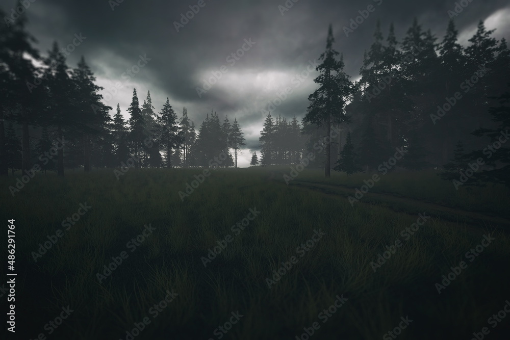 Dirt road with tire tracks in dark misty pine forest under a cloudy sky. 3D render. Dirt road with tire tracks in dark misty pine forest under a cloudy sky. 3D render.