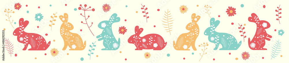 Obraz premium Hand drawn Easter pattern with bunnies, flowers vector design icon