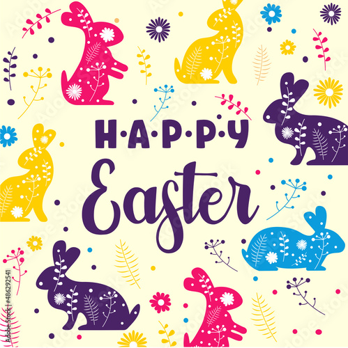 Hand drawn Easter pattern with bunnies  flowers vector design icon