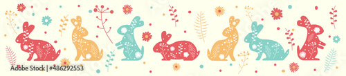Hand drawn Easter pattern with bunnies  flowers vector design icon