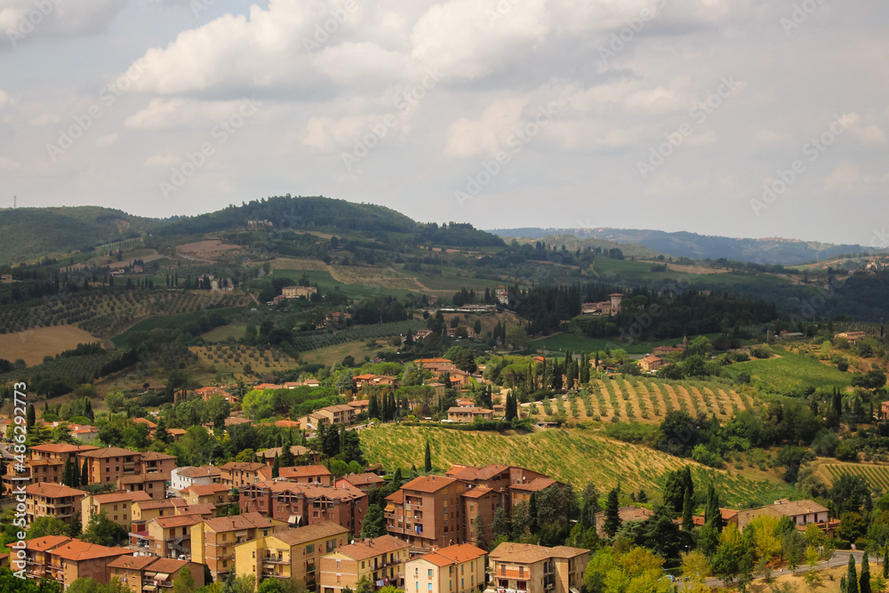 View of a local Italian village in the Tuscany hills and countryside, outside Florence, Italy.