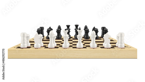 Realistic chessboard with black and white chess piece