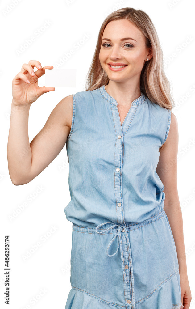 Obraz premium Happy beautiful casual woman holding a blank card isolated on white