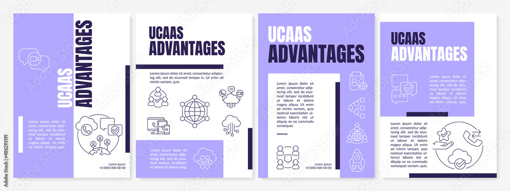 UCAAS advantages purple brochure template. Service benefits. Communication. Leaflet design with linear icons. 4 vector layouts for presentation, annual reports. Anton, Lato-Regular fonts used