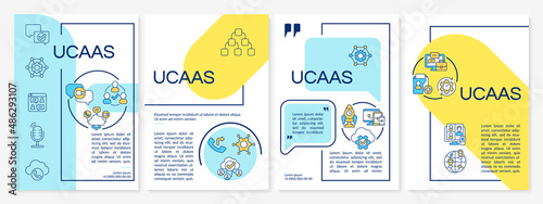 UCaaS blue and yellow brochure template. Communications service. Leaflet design with linear icons. 4 vector layouts for presentation, annual reports. Questrial, Lato-Regular fonts used