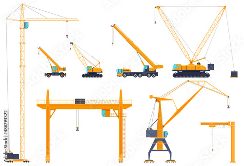 Truck crane industrial vehicle collection vector engineering building elevate freight with hook photo