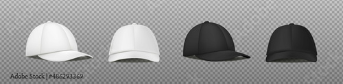 3d realistic vector icon. White and black sport cap in front and side view. Mockup baseball cap. 
