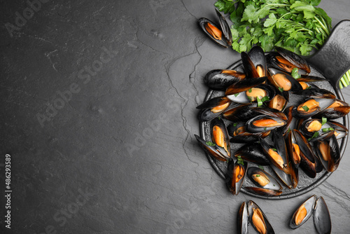 Serving board with cooked mussels and parsley on slate table, flat lay. Space for text