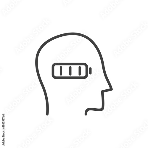 Outline head with battery level. Icon low or full mental energy. Concept of burnout and stress. Psychology. Isolated vector illustration on white background.