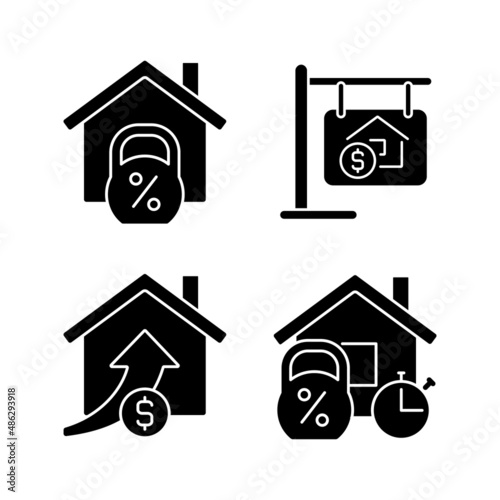 Buying house black glyph icons set on white space. Home mortgage. Accomodation purchase. Real estate prices. Property sale. Silhouette symbols. Solid pictogram pack. Vector isolated illustration © bsd studio
