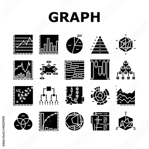 Graph For Analyzing And Research Icons Set Vector. Hierarchy And Binary Decision Diagram, Bar Graph, Radar And Stacked Area Chart Line. Pareto And Venn Infographic Glyph Pictograms Black Illustrations