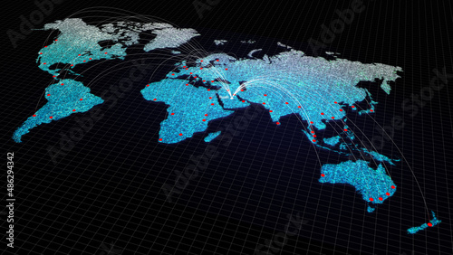 Global connectivity from Riyadh to other major cities around the world. Technology, network connection, trading, and traveling concept. World map element furnished by NASA