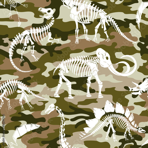 Fototapeta Naklejka Na Ścianę i Meble -  Hand drawn dinosaur skeletons seamless vector pattern. Perfect for textile, wallpaper or print design.

