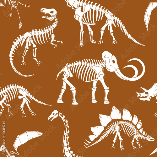 Hand drawn dinosaur skeletons seamless vector pattern. Perfect for textile, wallpaper or print design.
