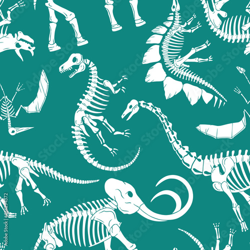 Hand drawn dinosaur skeletons seamless vector pattern. Perfect for textile, wallpaper or print design.

