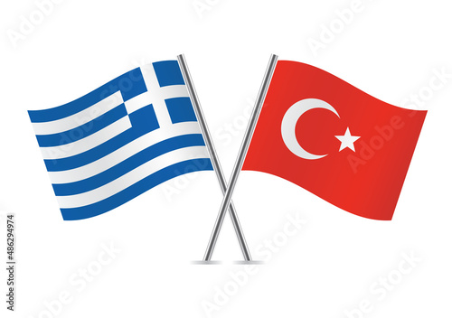 Greece and Turkey crossed flags. Greek and Turkish flags, isolated on white background. Vector icon set. Vector illustration. 