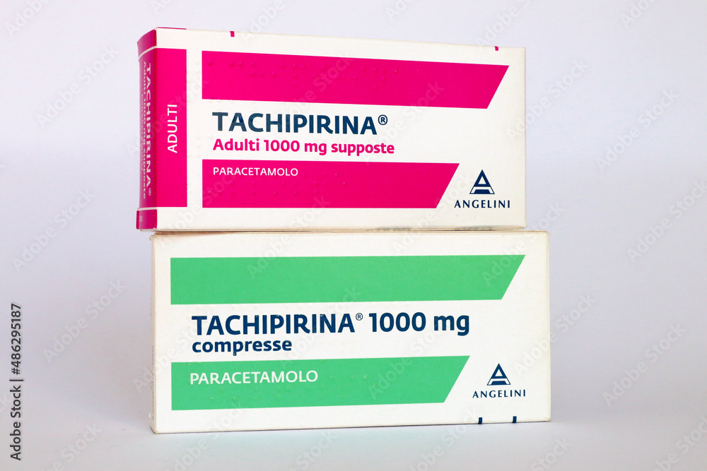Italy – february 10, 2022: boxes of TACHIPIRINA suppositories and tablets.  Tachipirina contains paracetamol, medication used to treat fever and pain.  Manufactured by Angelini Pharma, Italy Photos | Adobe Stock