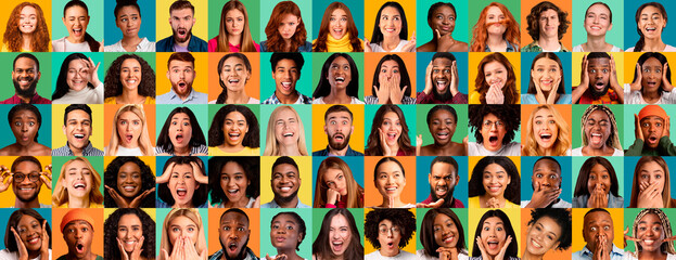 Collage of multiracial millennials emotional people portraits