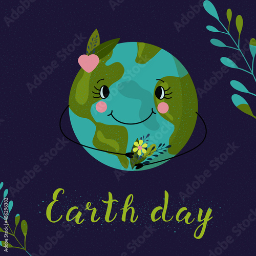 Poster Earth day, ecology eco environmental protection, climate change, save Nature.Vector illustration of cute planet Earth and text Earth Day on a dark background in cartoon style
