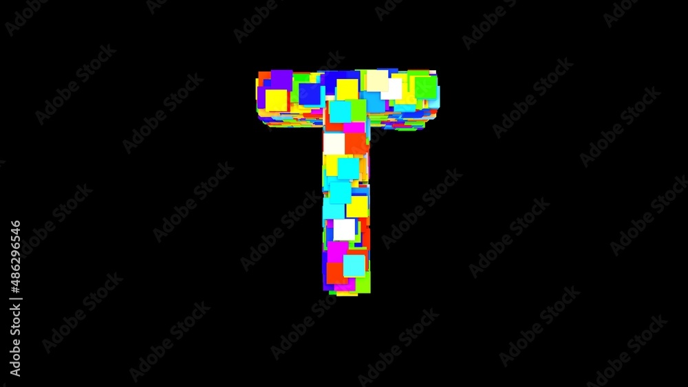 Letter T. 3D Bright colored uppercase large letter of the alphabet T on an empty black background isolate. Color font Letter T. 3D Bright colored uppercase large letter of the alphabet T on an empty black background isolate. Color font