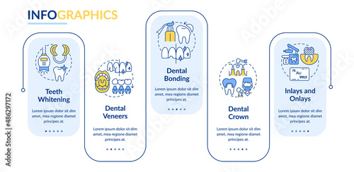 Cosmetic enhancement types rectangle infographic template. Dental crown. Data visualization with 5 steps. Process timeline info chart. Workflow layout with line icons. Lato-Bold, Regular fonts used