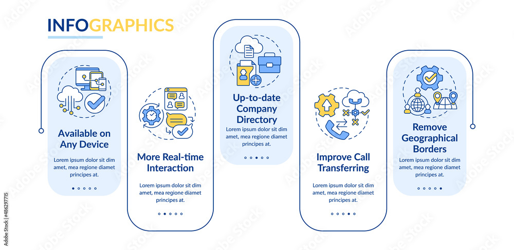 UCaaS benefits rectangle infographic template. Business processes. Data visualization with 5 steps. Process timeline info chart. Workflow layout with line icons. Lato-Bold, Regular fonts used UCaaS benefits rectangle infographic template. Business processes. Data visualization with 5 steps. Process timeline info chart. Workflow layout with line icons. Lato-Bold, Regular fonts used