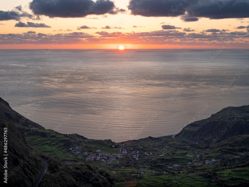 Dark sunset over the Atlantic Ocean with Fajãzinha in the foreground.
Lajes das Flores, Flores Island.