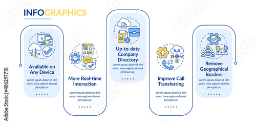 UCaaS benefits rectangle infographic template. Business processes. Data visualization with 5 steps. Process timeline info chart. Workflow layout with line icons. Lato-Bold, Regular fonts used
