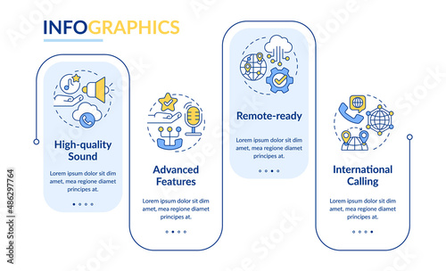 Benefits of VOIP rectangle infographic template. IP telephony usage. Data visualization with 4 steps. Process timeline info chart. Workflow layout with line icons. Lato-Bold, Regular fonts used