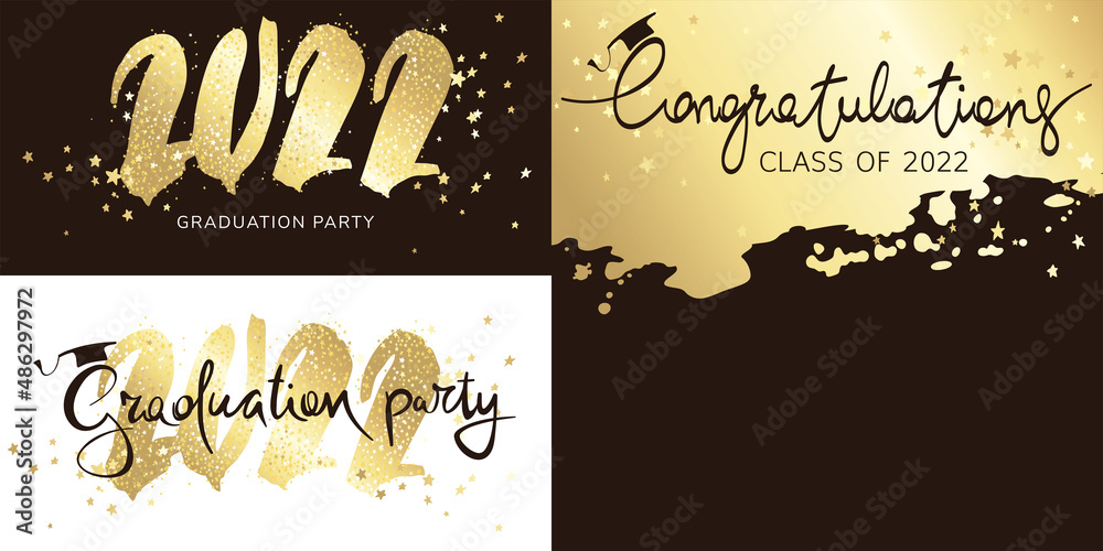 Graduate 2022. Vector illustration, card, invitation with gold confetti and calligraphic title.	