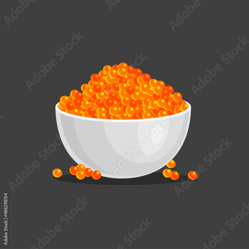 Red salmon caviar in white bowl. Fish roe - healthy luxury delicacy. Vector illustration isolated on black background	