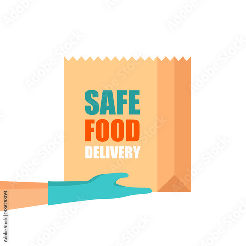 Safe food delivery during covid-19 pandemic. Hand in gloves. Craft paper package with groceries. Infographic flat design for apps and websites. Vector illustration isolated on white background.	