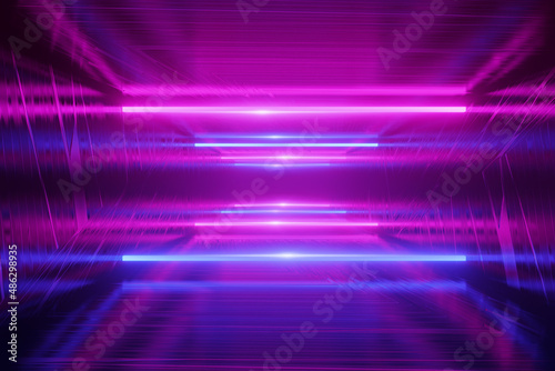 Cyber punk glow banner, 3d render illustration dark background, futuristic Sci-Fi abstract blue and purple neon light, glowing line, violet neon laser light, tunnel, corridor, virtual reality scene